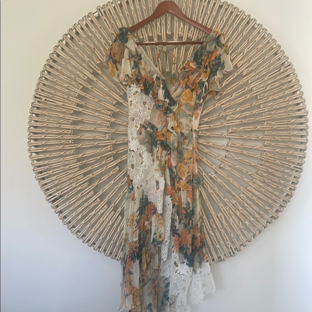 Anthropologie Cream Asymmetrical Flutter Sleeve Midi Dress